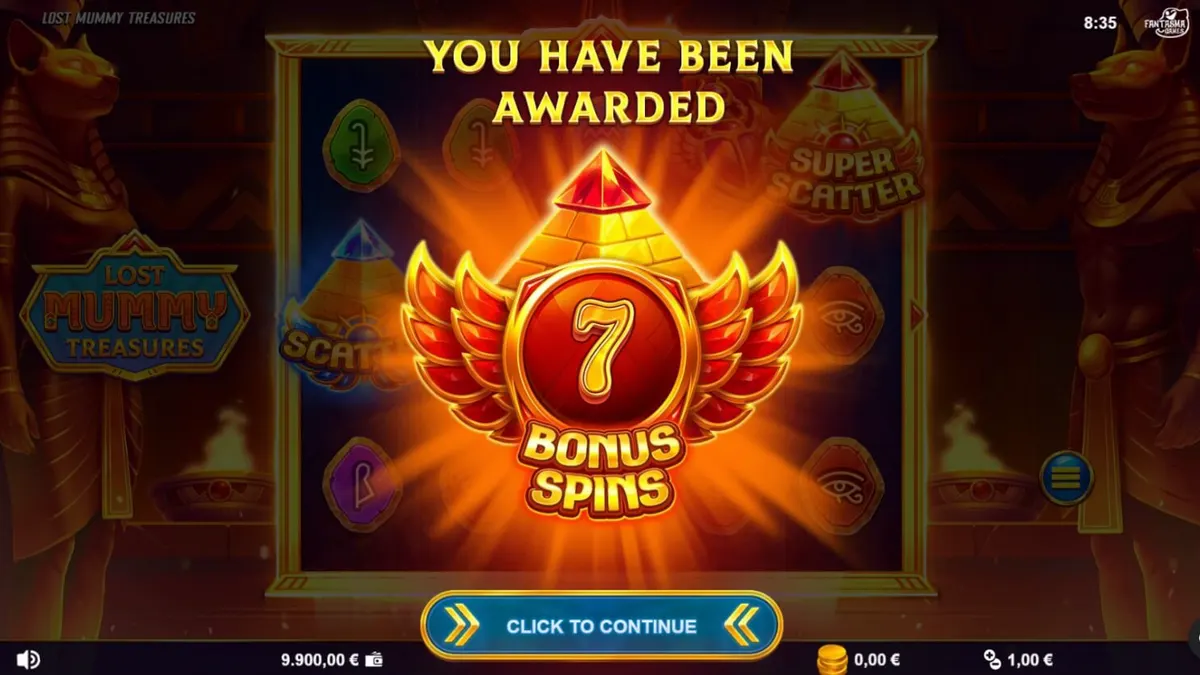 Tampilan visual slot Lost Mummy Treasures dengan simbol dewa Mesir dan tumpukan misteri emas.