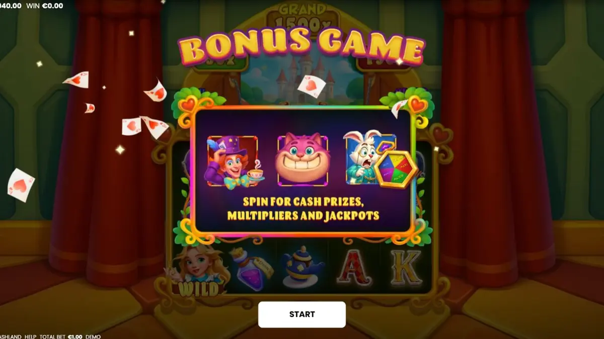 Pemandangan visual penuh warna dari slot Alice in Cashland dengan elemen Wonderland.